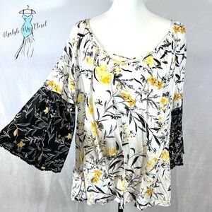 Cato white yellow and black floral boho top size XL